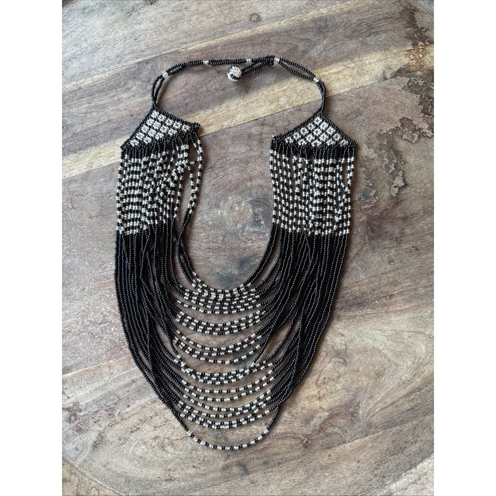 Multistrand seed bead necklace Clear silver black